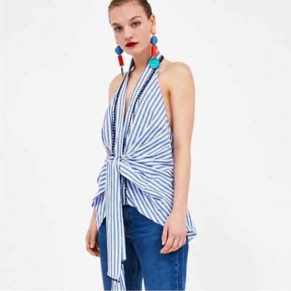 Zara Blue/White Striped Halter Wrap Top with Embroidery - Picture 4 of 9